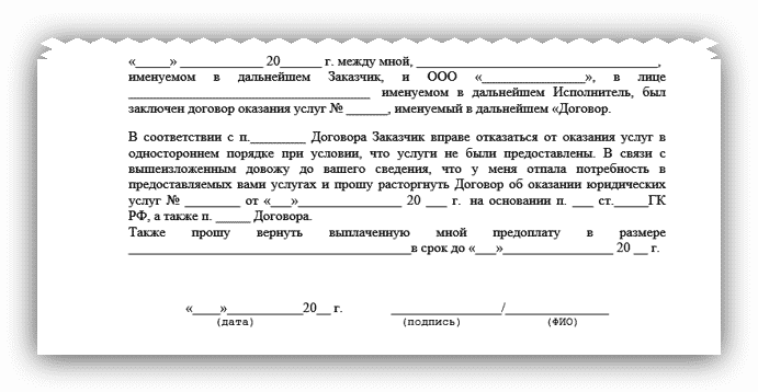 Договора о расторжении договора об оказании услуг образец