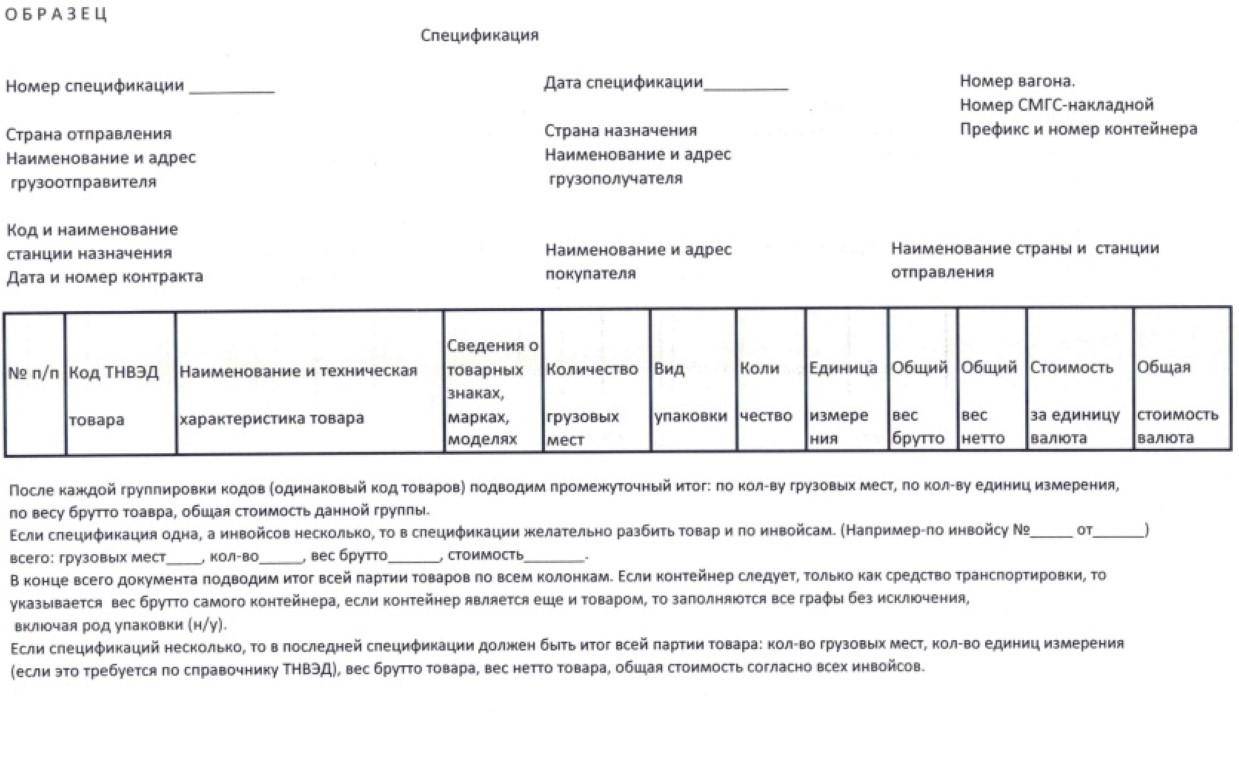 Спецификация на доставку груза образец