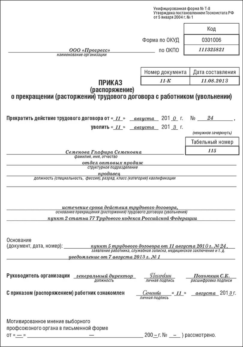 Уведомление о расторжении срочного трудового договора: срок, образец 2024  года